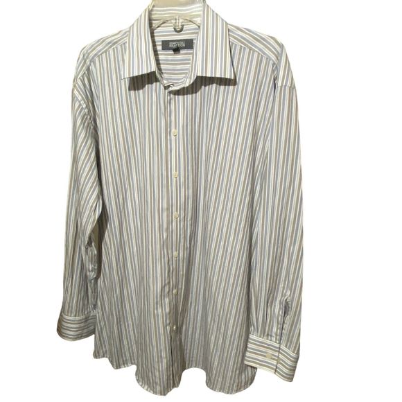 Kenneth Cole Reaction Striped Button Up Cotton Shirt Wrinkle Free L 16.5 32-33 - Picture 1 of 7